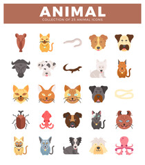 Fototapeta premium Flat design animal icons collection with dogs. cats. and sea creatures on a white background.