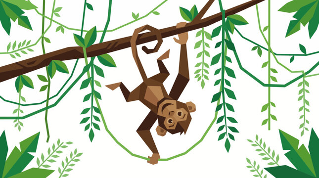 Geometric Monkey Hanging on Vine in Jungle, Minimalist Style