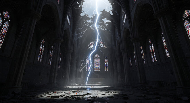 Dramatic lightning strike illuminating the interior of a grand, gothic cathedral with stained glass windows
