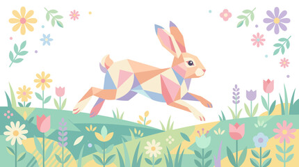 Obraz premium Geometric Easter Bunny Running Through Spring Flowers Meadow, Colorful Polygonal Rabbit Illustration