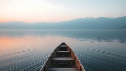 Obraz premium unwavering. Small wooden rowboat on a calm lake at dawn, creating a straight wake toward mountains. travel magazines, destination branding, designed for travel destination branding.