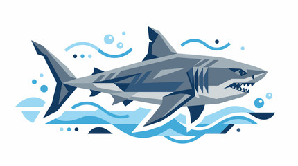 Obraz premium Geometric Great White Shark Illustration Swimming Through Abstract Blue Waves and Bubbles