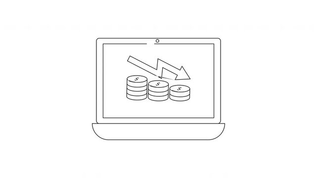Laptop screen shows declining coins and downward arrow graphic.