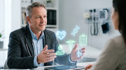 Fototapeta premium Doctor discusses health icons with patient, representing medical consultation and digital healthcare