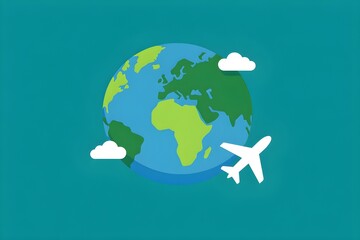 Naklejka premium Minimalist flat illustration of Earth globe with an airplane and clouds on a teal background, symbolizing global travel and aviation.