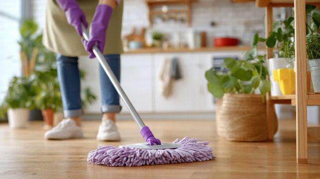 A woman mops the floor in a bright and modern kitchen.