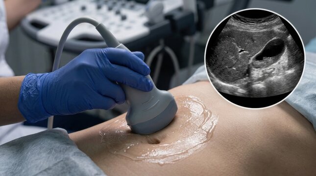 Medical professional performs abdominal ultrasound scan on patient's belly with gel