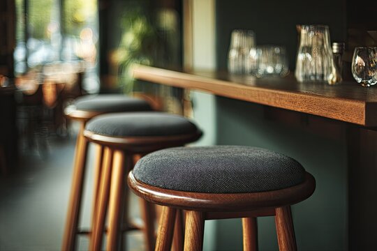 Three cushioned wooden stools sit at a bar with glasses blurred in the background