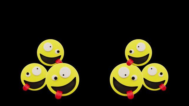 Zany Yellow Goofy Face Emojis Moving on Black Background