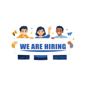  recruitment banner showing diverse people holding a large sign with bold text &ldquo;We Are Hiring".