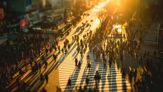 Crowded city street at sunset, with golden light casting long shadows