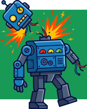 Cartoon robot with detached head and electrical explosion.