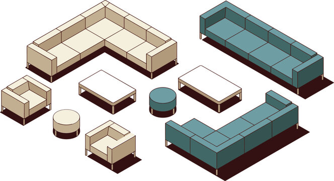 Isometric sofa furniture set living room couch table armchair interior vector collection modern design illustration
