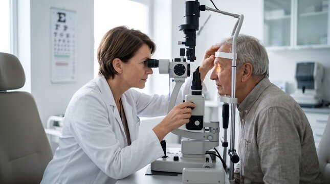 Ophthalmologist examining an elderly patient's eye with a slit lamp microscope