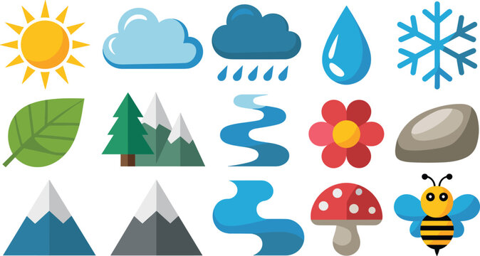 Nature weather icon set sun cloud rain snow leaf mountain river flower bee vector collection illustration