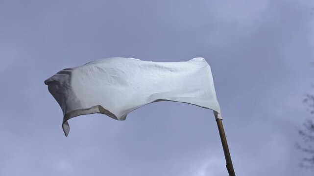 White fabric flag waving on a pole against a cloudy sky in natural light. Concept of surrender, peace, truce, neutrality, and symbolic communication in real outdoor environment.