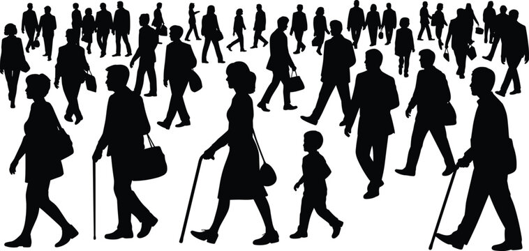People walking silhouettes crowd pedestrian city lifestyle diverse group street motion vector collection urban illustration set