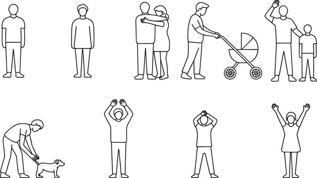 People outline character set family lifestyle poses standing hugging walking parenting greeting gestures editable vector collection