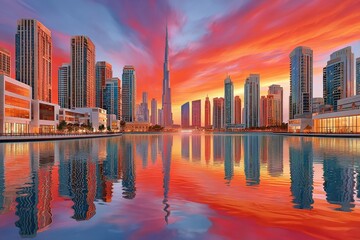 Obraz premium Colorful sunset over the Dubai skyline with Burj Khalifa reflected in waterfront towers
