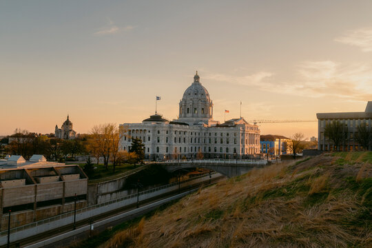 Minnesota State Capitol building at sunset in Saint Paul.