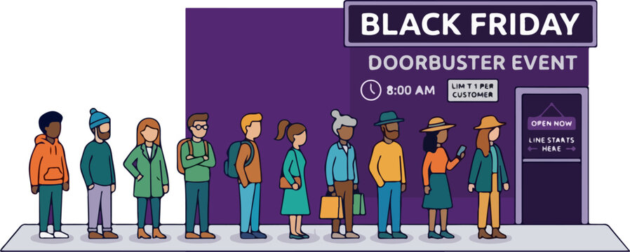 Diverse group of people standing in a line waiting for Black Friday doorbuster store opening.