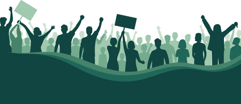 Protest crowd silhouettes background, people holding signs black vector isolated demonstration rally illustration design concept scene