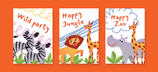 Naklejka premium Set of Safari party cards with Zebra, Lion, Giraffe and Hippo, Leaf plants and lettering. Cute childish flat vector illustration for children, greeting, poster and invitation
