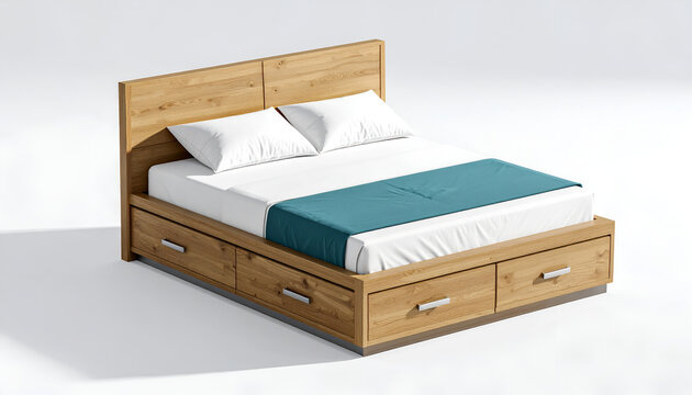 Modern Wooden Bed Frame with Storage Drawers and Teal Bed Runner.