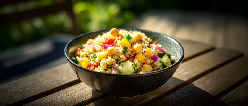 Creative food template. Bowl of couscous quinoa grains salad with corn chickpea parsley cucumber pepper onion on rustic outdoor wooden table. copy text space.