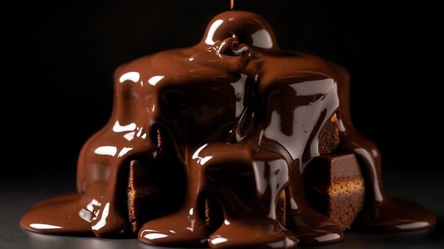 Rich, glossy dark chocolate sauce dramatically cascades and drips over a stack of delectable chocolate fudge cubes, creating an intensely appetizing and indulgent scene.