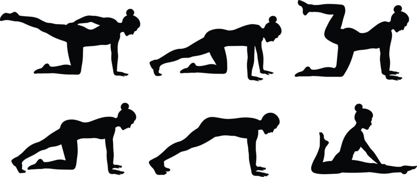 Woman fitness silhouette yoga exercise poses workout training stretching pilates routine healthy lifestyle vector collection set
