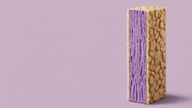 Vertical monaka wafer sandwich with purple ice cream filling on a light purple background