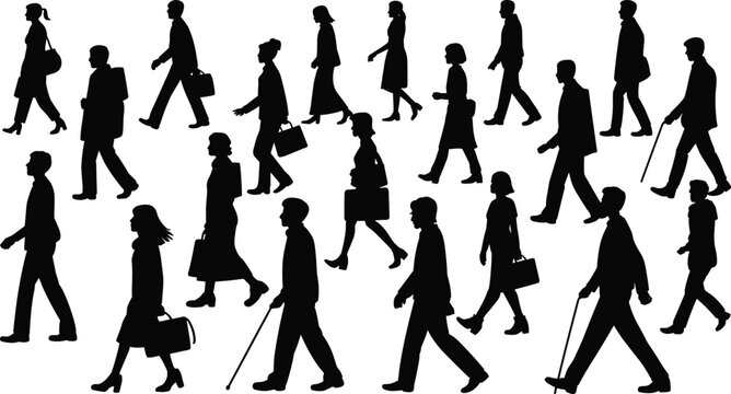 Walking people silhouettes crowd pedestrian city lifestyle diverse group street motion vector urban collection illustration set
