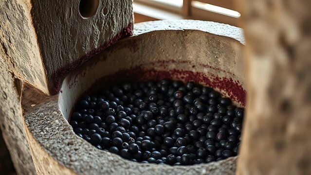 winepress. Ancient stone wine press with deep purple grape residue, textured surface in soft window light. bar promotions, beverage menus, designed for food & beverage menus and cafe branding.