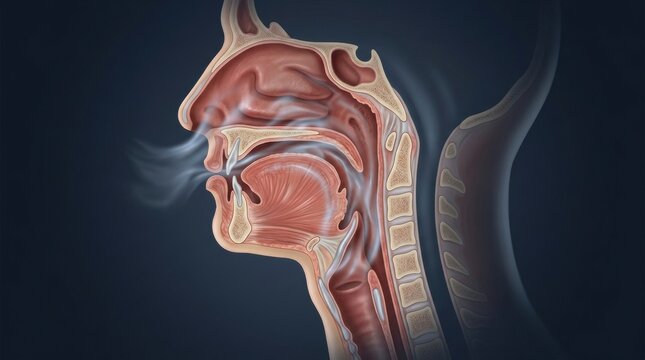 Detailed anatomical illustration of the human respiratory and upper digestive tracts