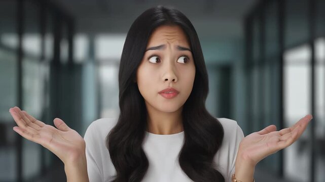 A confused woman shrugs her shoulders in an office with a puzzled expression on her face.