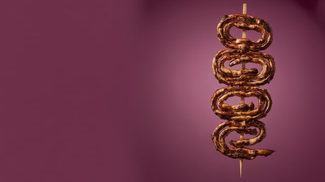 Grilled anticucho meat skewer coiled on a wooden stick against a solid dark purple background
