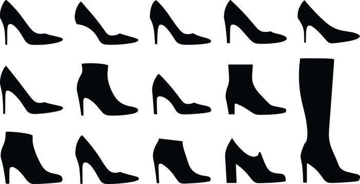 Women shoes silhouette collection high heels boots fashion footwear elegant vector set stylish design illustration pack