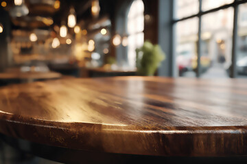 Obraz premium A close-up of a textured wooden table with blurred lights and windows in background