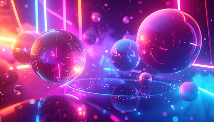 Obraz premium Floating spheres with neon lines in a vibrant, futuristic scene