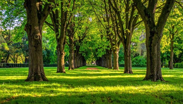 deciduous trees in the park on a sunny day, trees growing in the park in spring