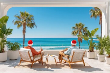 Obraz premium Two people wearing Santa hats relax on a sunny beach balcony with ocean and palm views