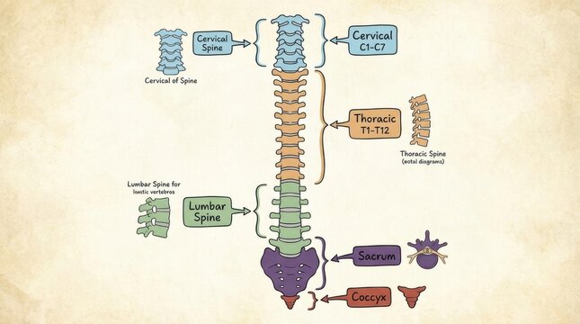 Diagram illustrating the different sections of the human vertebral column and their components