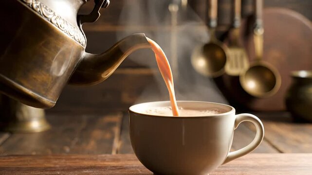 Steam kettle pouring chai into ceramic cup on rustic wooden table in warm cafe light, cozy traditional morning ritual