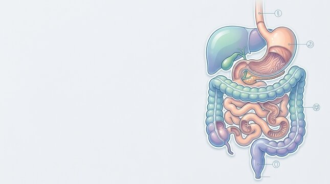 Detailed illustration of the human digestive system with organs labeled