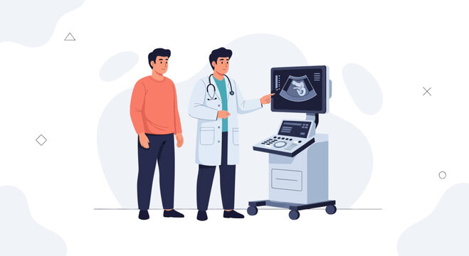 Doctor showing ultrasound scan to patient, medical consultation, pregnancy checkup