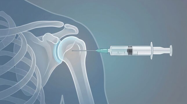 Close-up illustration of a syringe injecting fluid into the shoulder joint area