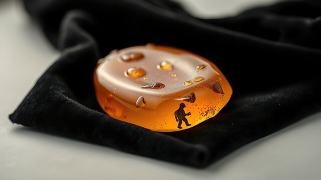 copal. Polished piece of amber copal resin on black velvet, showing warm translucency. gardening catalogs, home-decor guides, designed for gardening and botanical catalogs, used by brand managers.