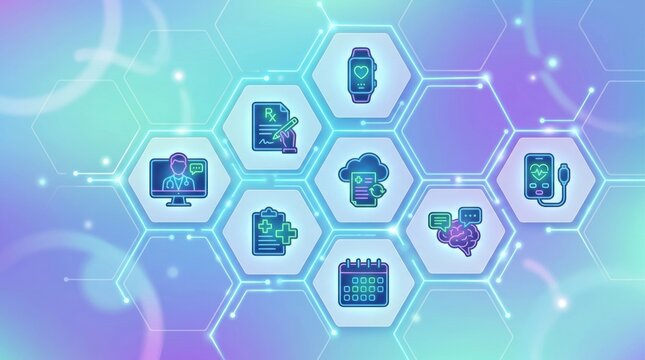 Digital healthcare icons arranged in a futuristic hexagonal network on a gradient background