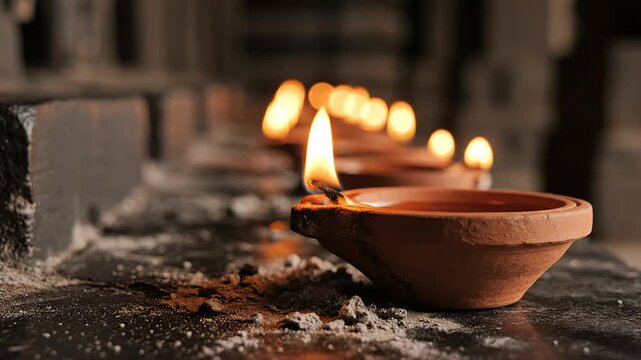 Close-up row of lit clay oil lamps glowing in warm cinematic light during a traditional festival ritual